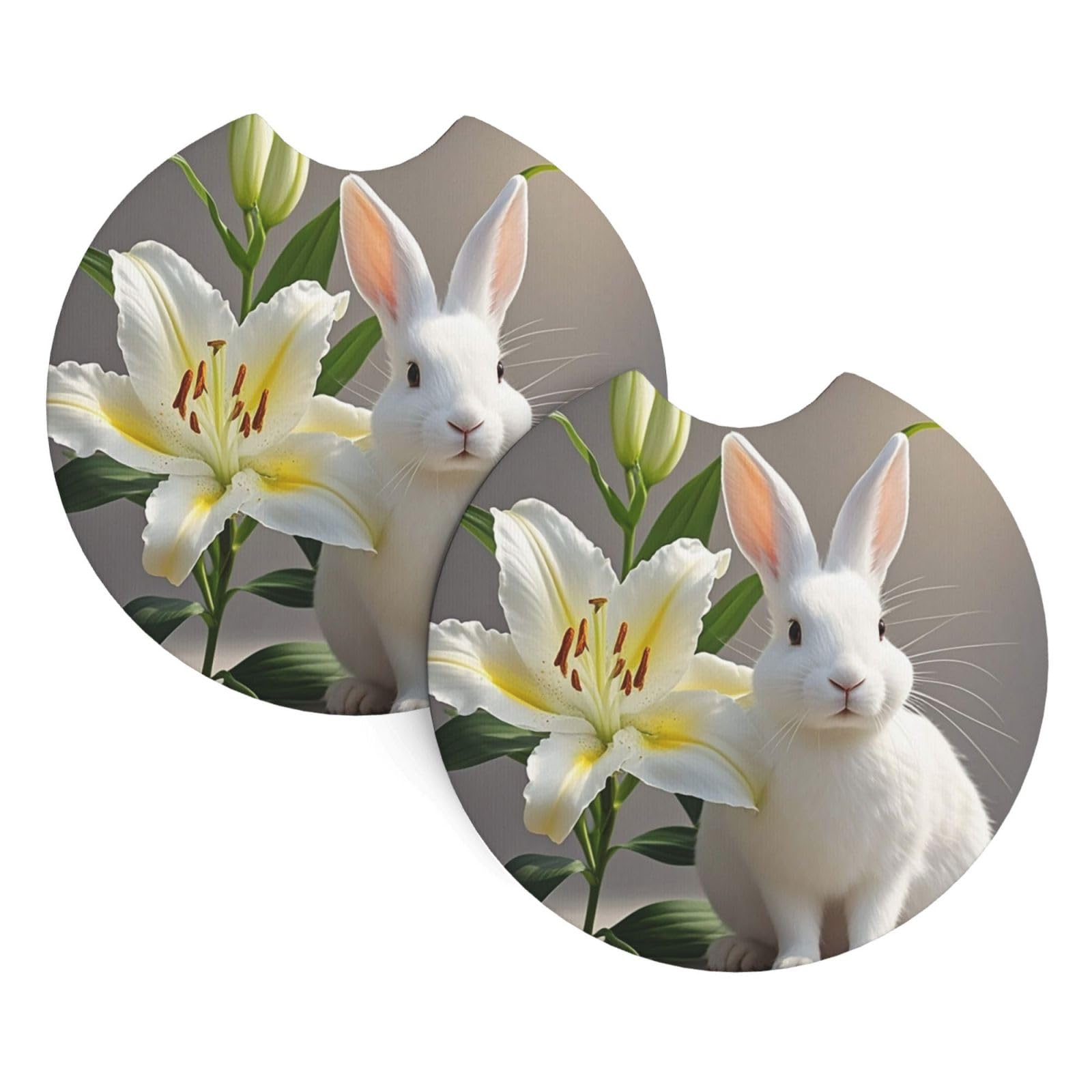 2 Pack Car Coaster for Cup Holders White Rabbit and Lilies Car Cup Coaster 2.7" Neoprene Non-Slip Automotive Cup Mat Universal Auto Car Interior Accessories for Women Men Cup Pad
