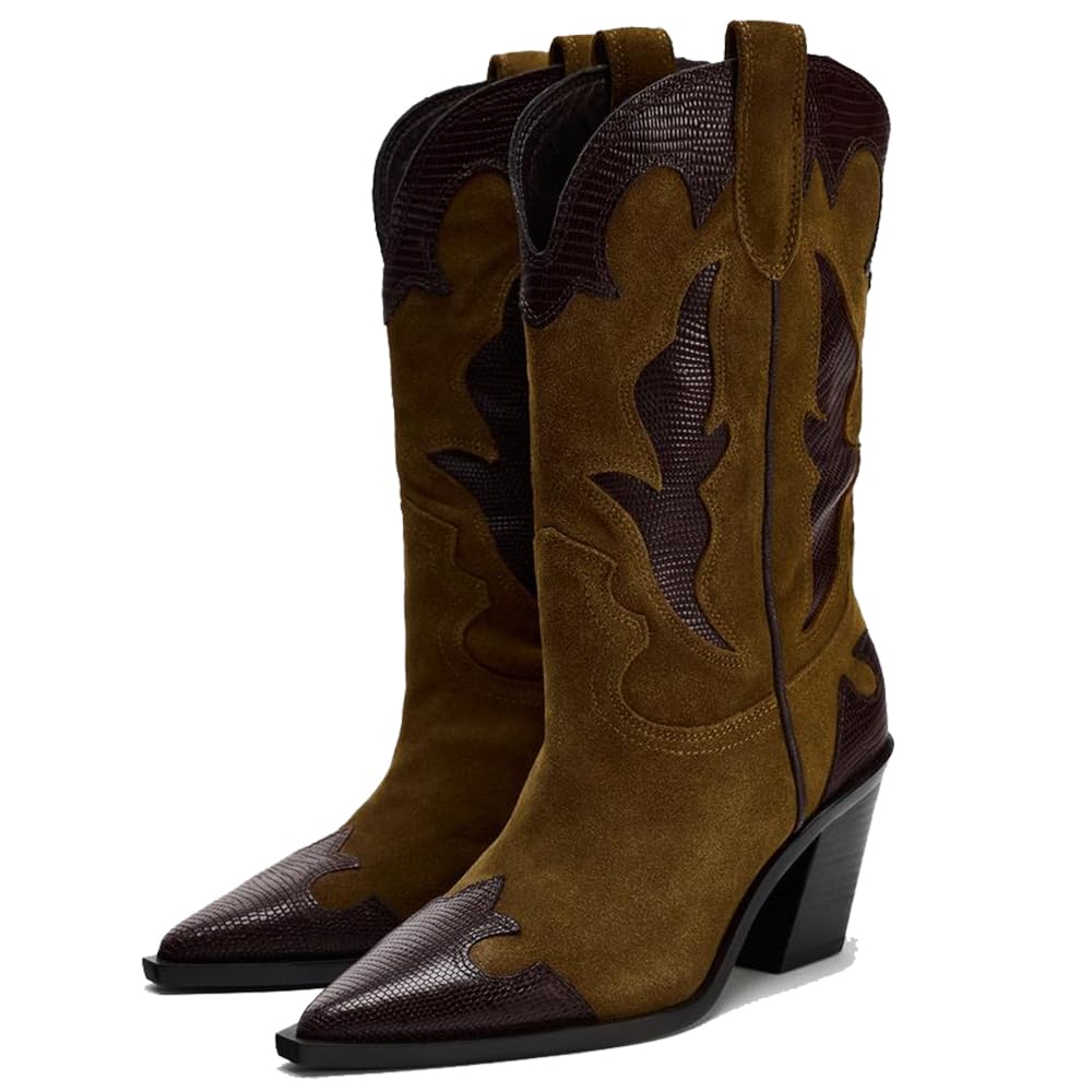 YIYA Brown Suede Cowboy Mid Calf Boots for Women Wide Calf Western Embroidered Cowgirl Boots Pointed Toe Chunky