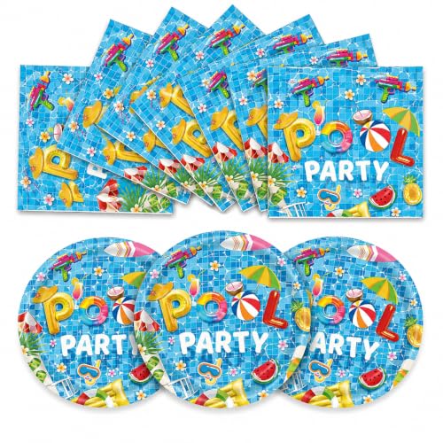 Actoridae 40 Pieces Pool Birthday Party Supplies Disposable Pool Paper Plates and Napkins for Summer BBQ Pool Party Hawaii Holiday Decorations