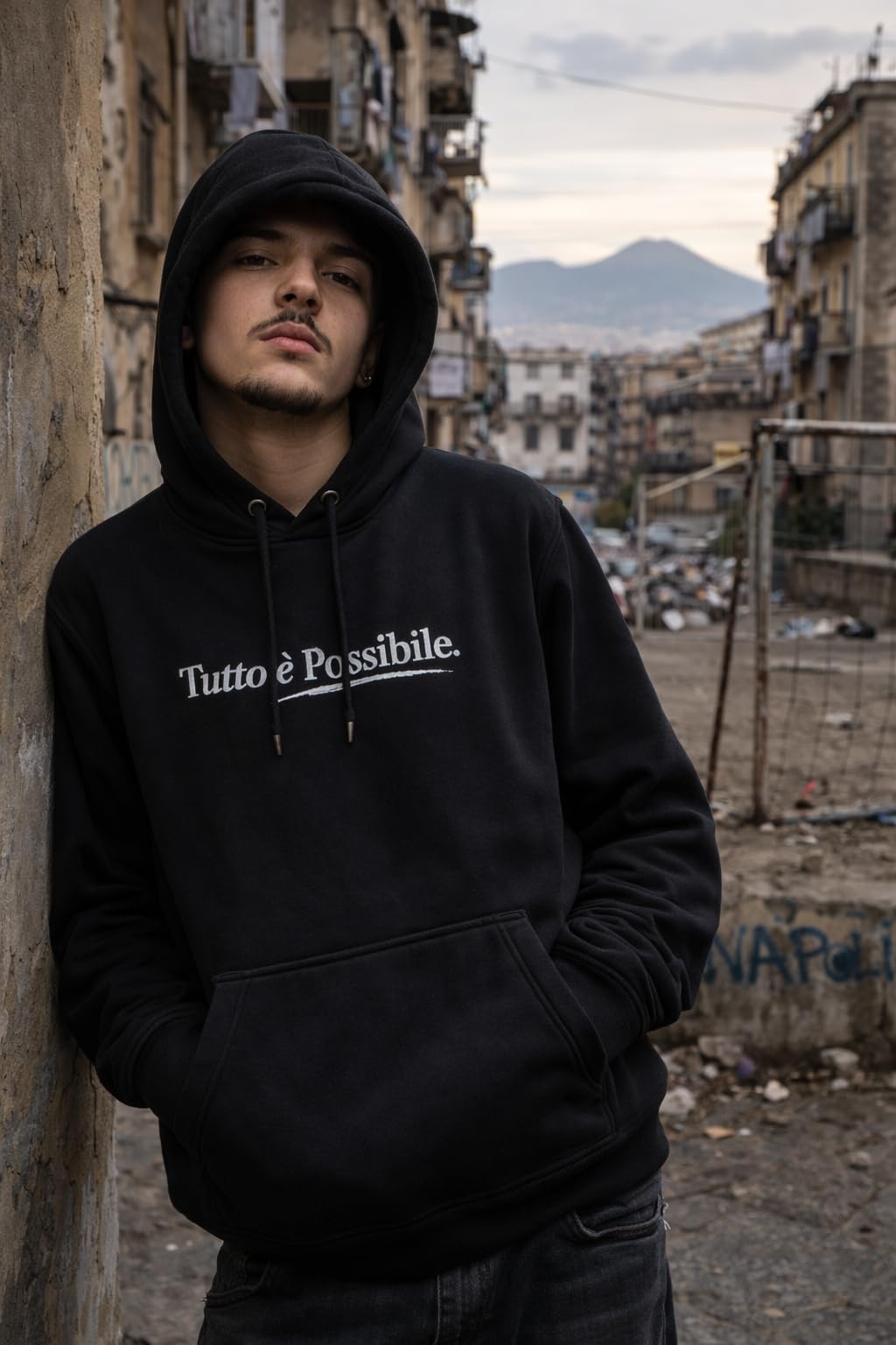 GEOLIER Official “Tutto È Possibile” – Felpa Nera con Cappuccio – Logo Album sul Fronte e Foto Ufficiale sul Retro – Merchandising Ufficiale