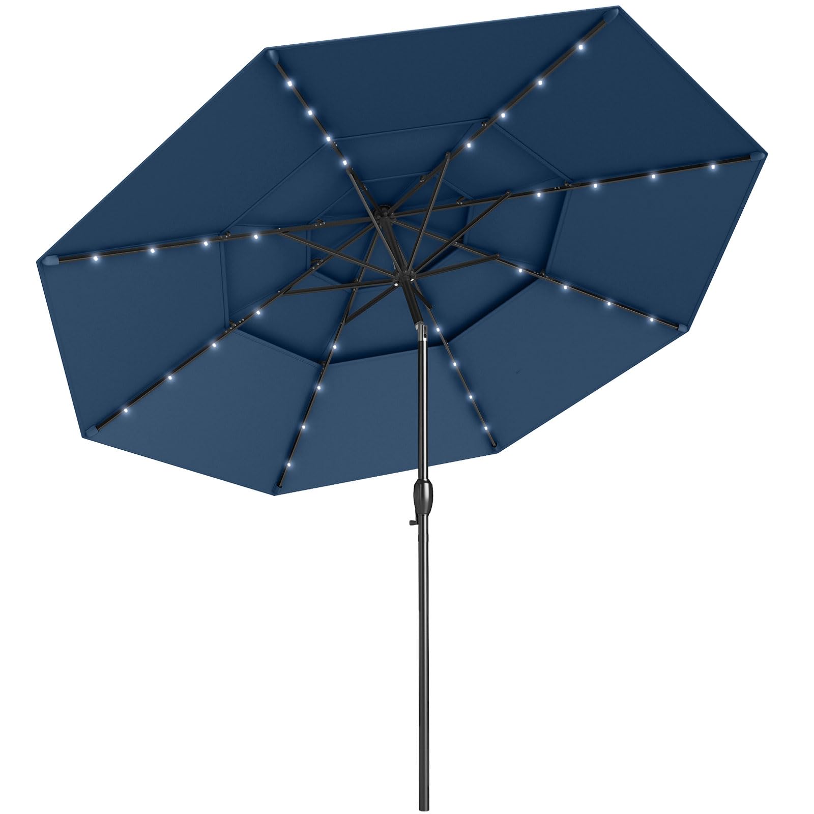 GOPLUS Parasol de Jardin Exterieur avec 32 LED Solaire, 3M Parasol Balcon Inclinable avec Toit à 3 Niveaux, 8 Baleines, Manivelle, Protection Solaire, pour Terrasse, Plage, Patio (Bleu)