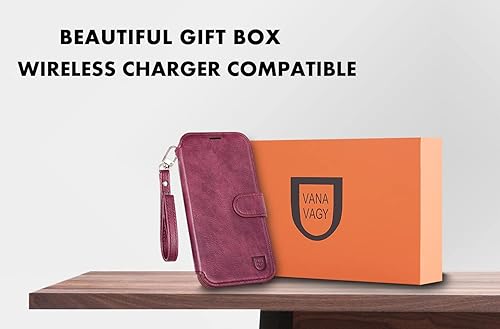 Miniatura 6 de VANAVAGY Funda tipo cartera para iPhone 13 Pro 5G para mujeres y hombres, funda de piel con bloqueo RFID y soporte para muñecas, carga inalámbrica,