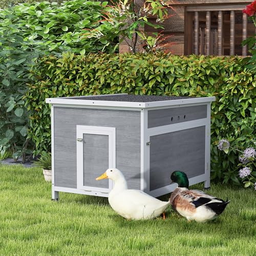 Image of PawHut Duck Coop, Wooden Chicken House Rabbit Hutch with Openable Roof, Removable Floor, Double Doors, Ramp, Duck House for 3-6 Chickens, Geese, 30 inch x 38 inch x 30 inch