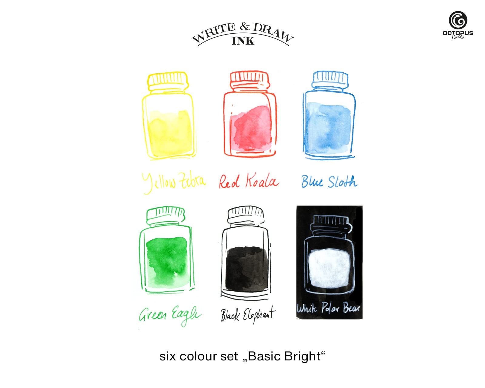 Octopus Write & Draw Ink BASIC BRIGHT Tintenset, wasserfest, 6 x 50 ml