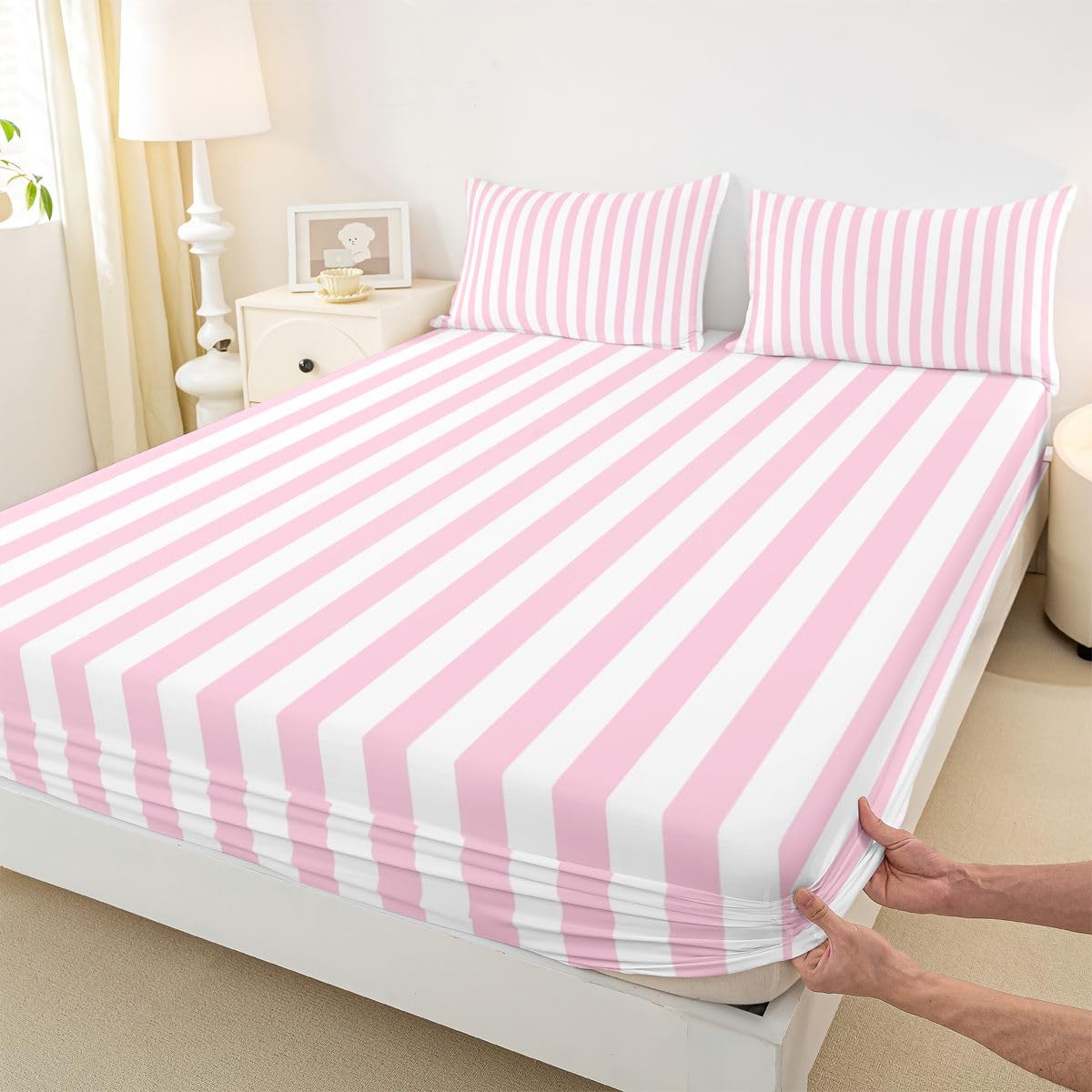 Manfei Gestreiftes Oberlaken, Queen-Size-Größe, gestreiftes Bettwäsche-Set, 4-teilig, für Kinder, Mädchen, Jungen, Teenager, Zimmer-Dekoration, moderne geometrische Linien, Spannbettlaken, rosa-weißes