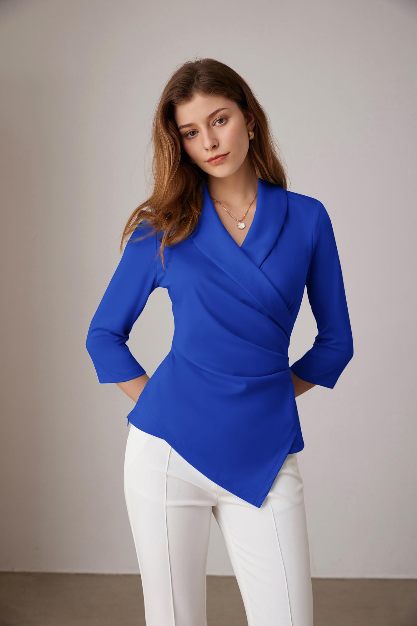 GRACE KARIN Damskie eleganckie topy robocze, dekolt w serek, biznesowe bluzki na co dzień, z rękawami 3/4, eleganckie koszule