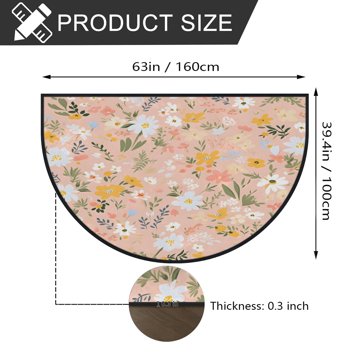 Mexpekil Paillasson demi-rond antidérapant lavable - Motif feuilles et fleurs roses - Demi lune - Pour intérieur et extérieur - 100 x 160 cm