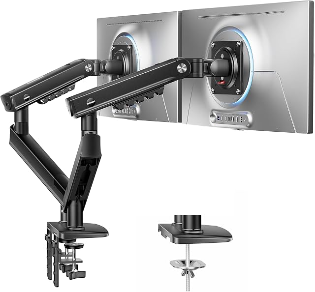 HUANUO FlowLift™ Pro Dual Monitor Arm for 13–32" Screens, MechaSpring Monitor Mount, Adjustable Monitor Arm with Tilt/Swivel/Rotation, Tool-Free VESA Mount, C-Clamp/Grommet Base, Max Load 19.8 lbs