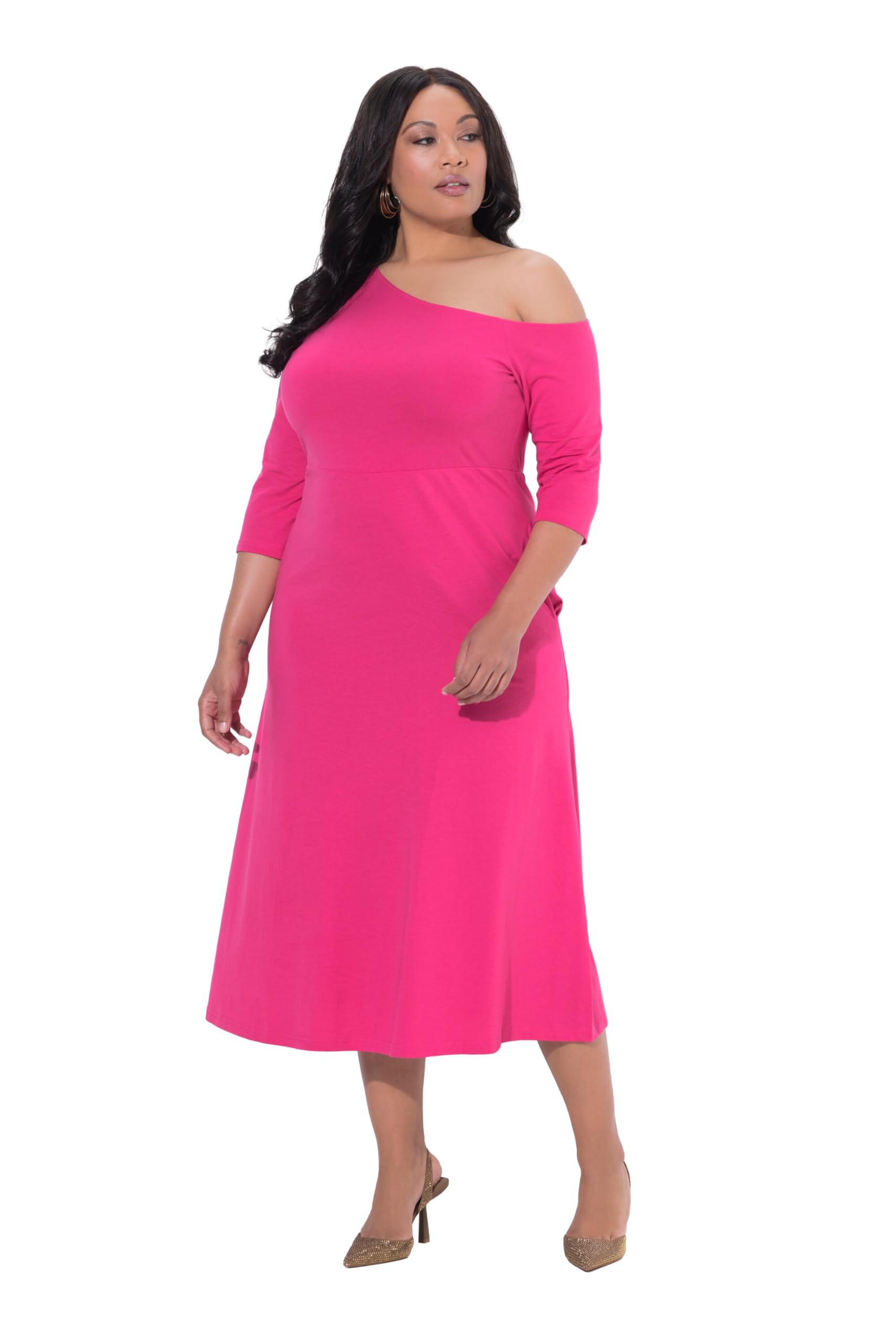 Ulla Popken Damen große Größen Übergrößen Plus Size Maxikleid, Links schulterfrei, A-Linie, 3/4-Arm 847684