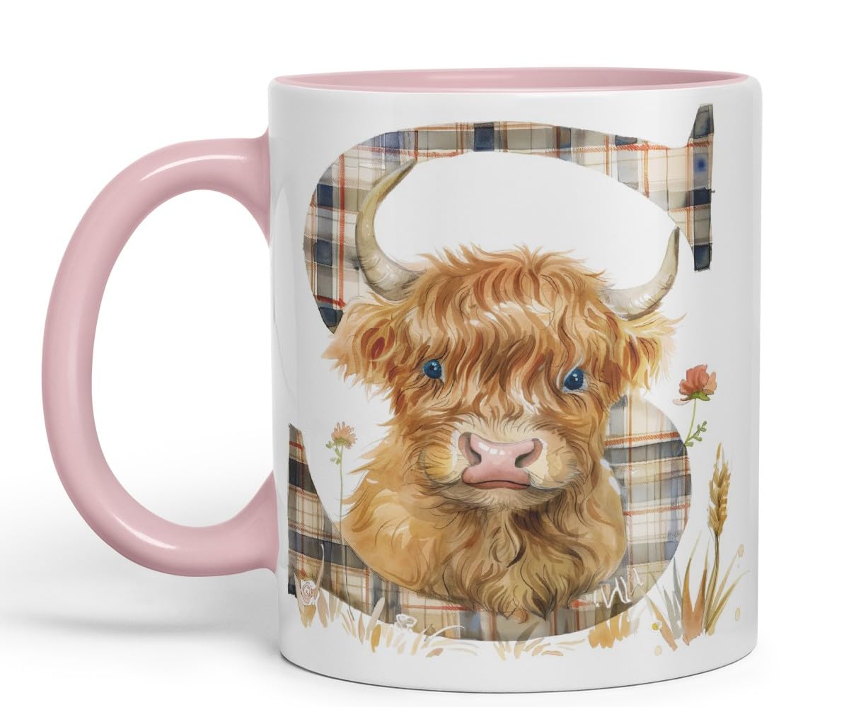 Vixar Highland Cow Alphabet Monogram Coloured Ceramic Cup Mug – Letter S – Rustic Farmhouse Animal Letter Gift – 11oz (Pink)