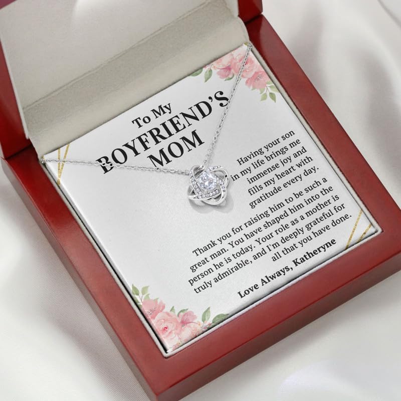 Boyfriend's Mom Necklace Message Card Box Love Knot Mahogany - Fills My Heart With Gratitude - Meaningful Birthday for Soon to be Mother In Law