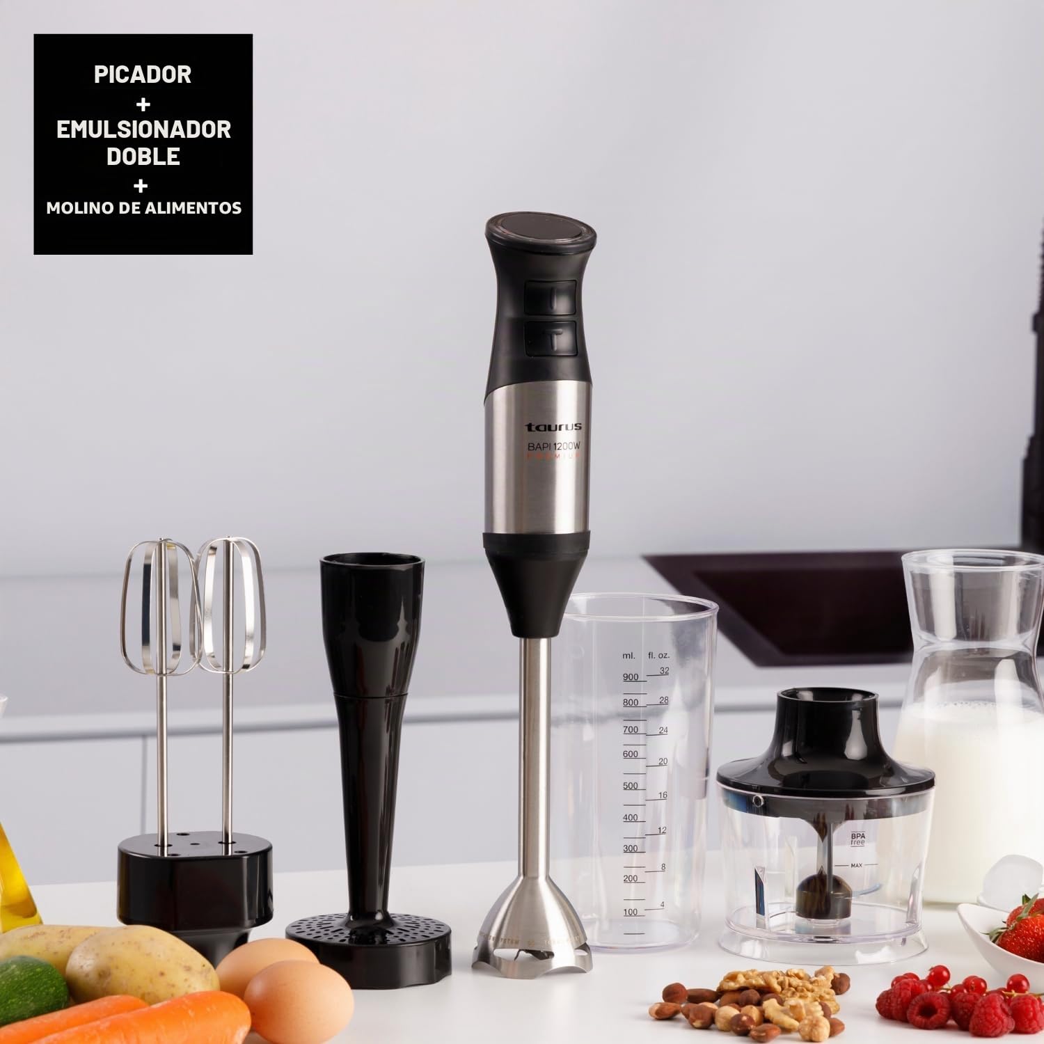 Taurus BAPI 1200 Premium Full Set - Batidora de mano 1200W | Regulador de 20 velocidades ajustable | Función Turbo | Cuchillas de acero inox | incluye accesorios| Diseño ergonómico | Vaso medidor