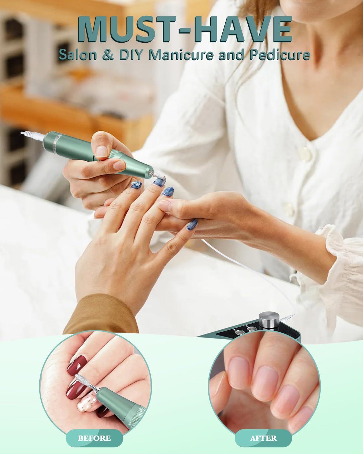 Torno para Uñas Profesional 40000 RPM, Lima Eléctrica Inalámbrica para Uñas de Gel y Acrílico, Kit de Manicura y Pedicura Recargable con Pantalla LCD, 7 Brocas y 56 Bandas, M96G