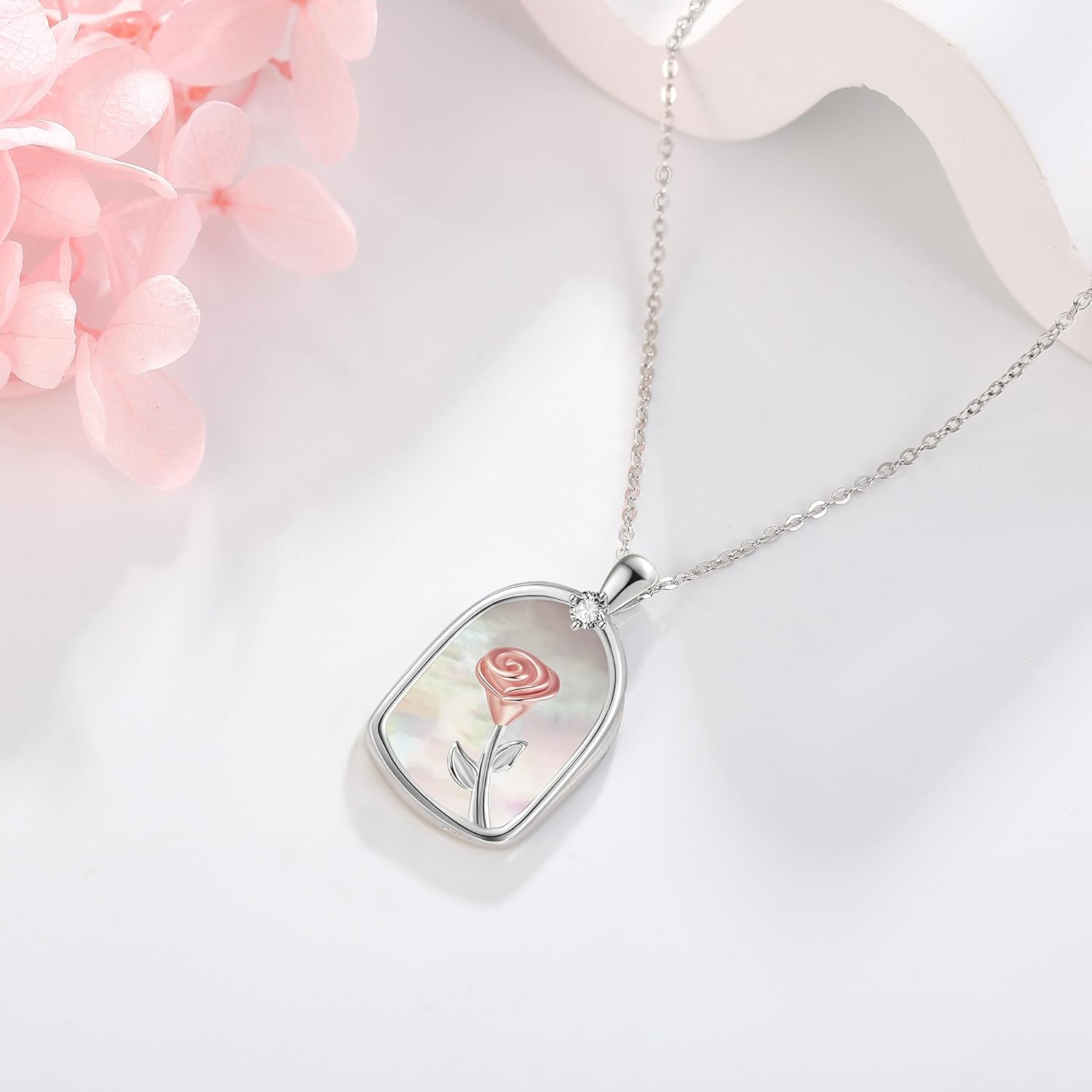 MONGAS Rose/Daisy/Sunflower/Lotus Necklace for Women Sterling Silver White Shell Rose Pendant Necklace Jewelry Birthday Romantic Valentine's Day Gifts for Women Girls - Image 4