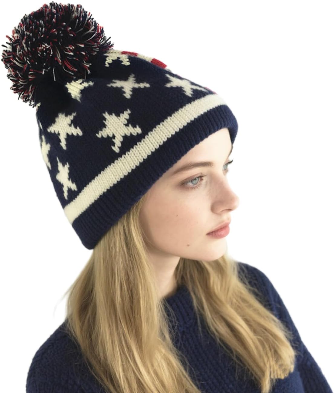 PENINSULA LOVE Adult American Flag Cuffed Beanie Hat Cable Knitted Warm Winter Beanie Thermal Slouchy Hat with Pompom - Image 8