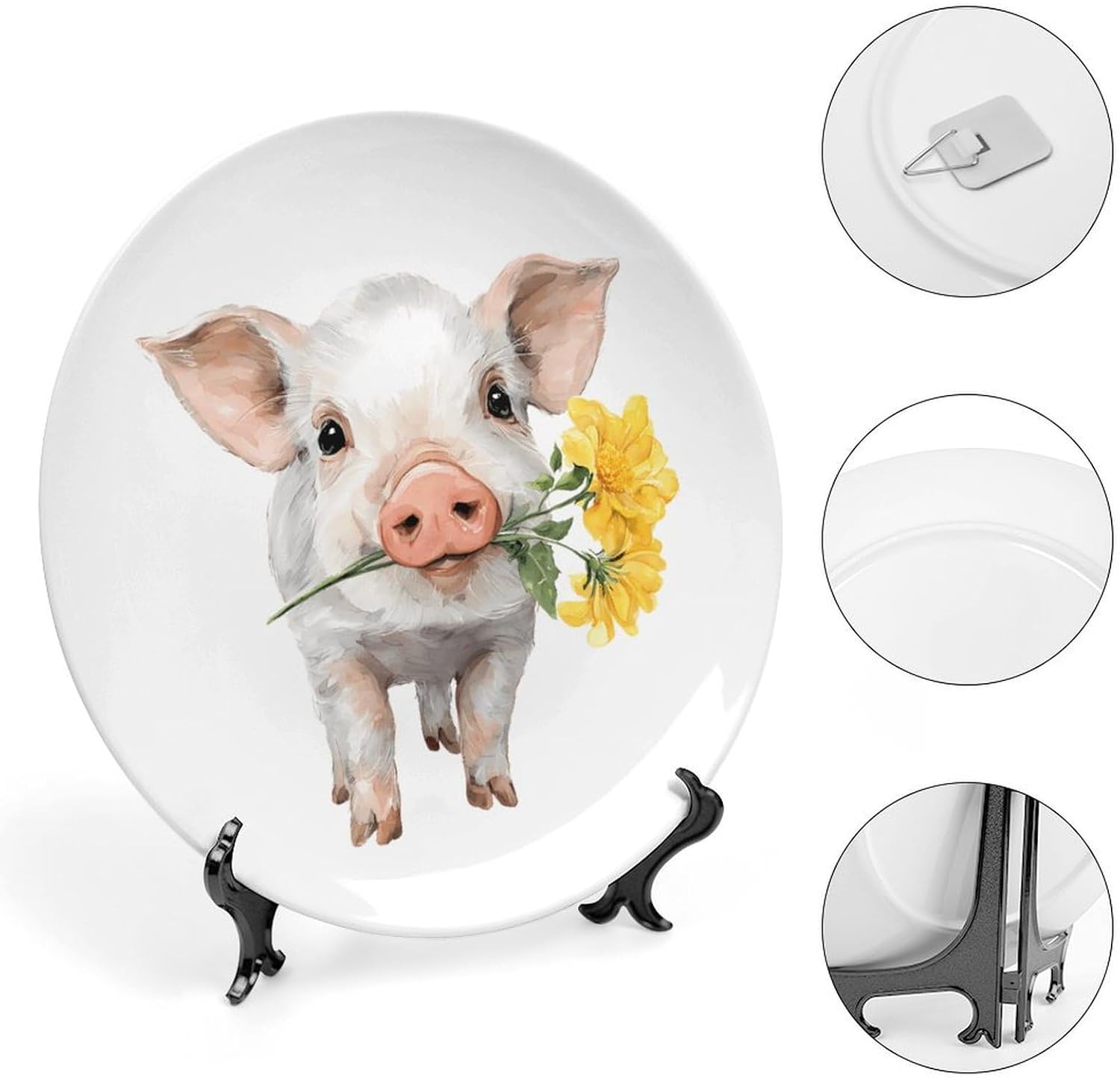 Pigs Holding Yellow Flower Decorative Plates for Display Ceramic Plate Tray with Stand Hanger Home Decor