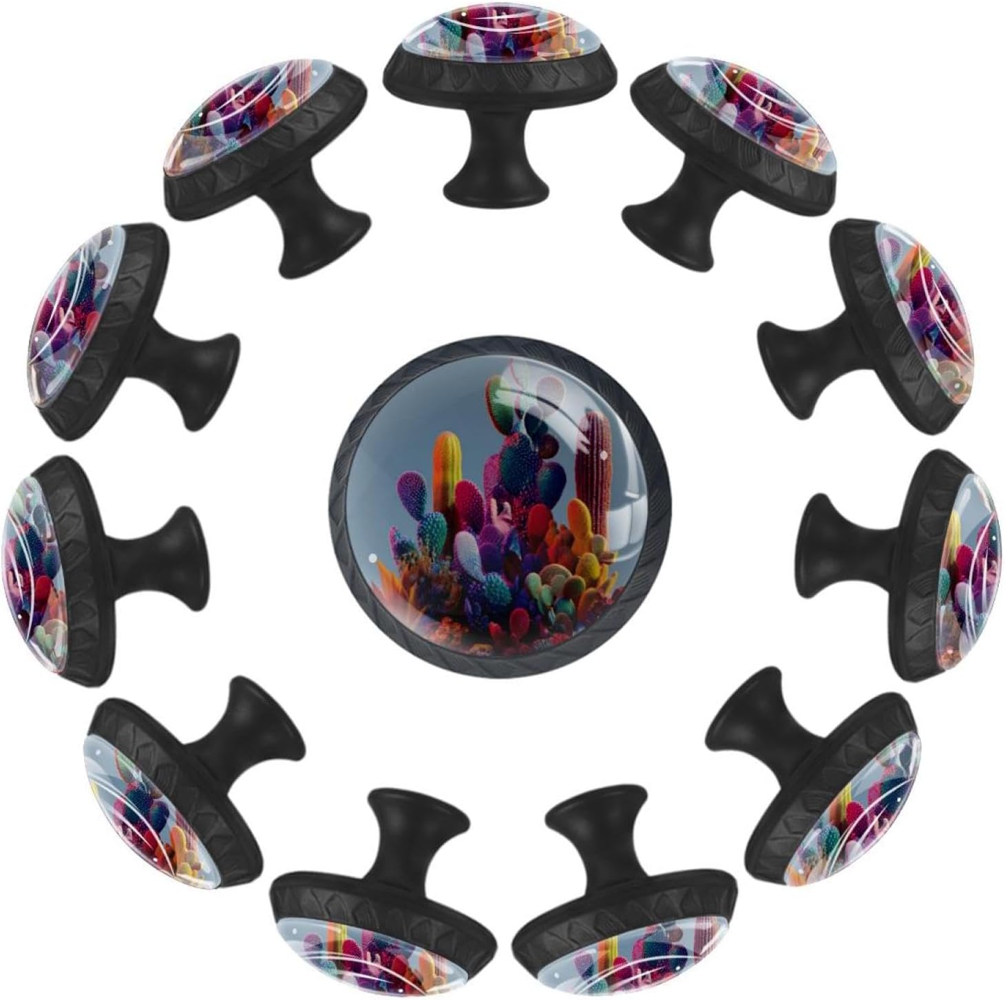 Black Colorful Cactus Pattern Cabinet Knobs, Decorative Drawer Pulls for Kitchen Cabinet, Furniture Hardware for Cupboard Closet Bedroom