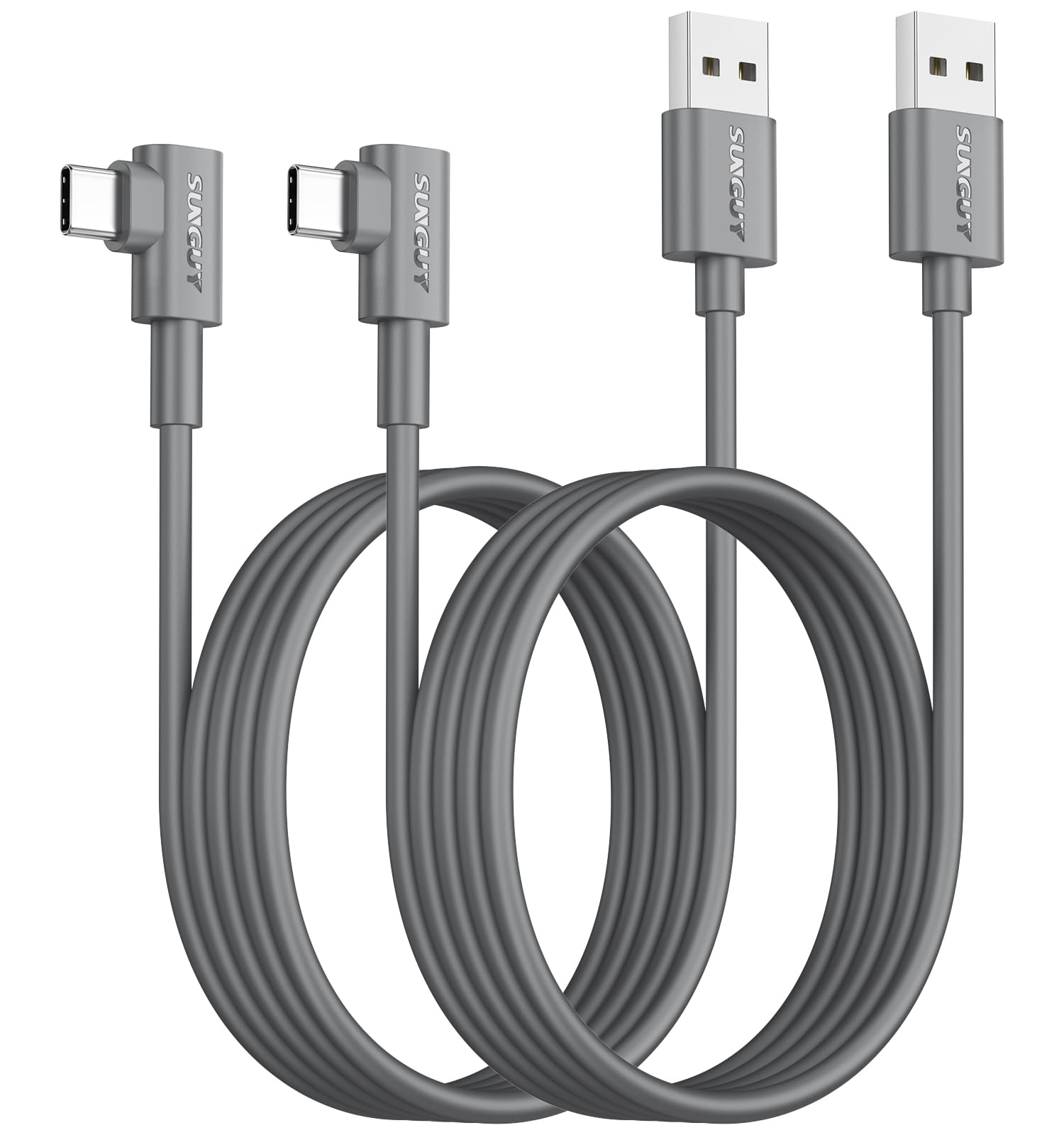 SUNGUY USB C Cable 90 Degree 6FT, 2-Pack Right Angle 3A Fast Charging &amp; Data Sync USB A to USB C Cord Compatible for Galaxy S21 S20 S10 S9 S8 Plus, Note 20 10 9 8, LG V50 V40 - Grey