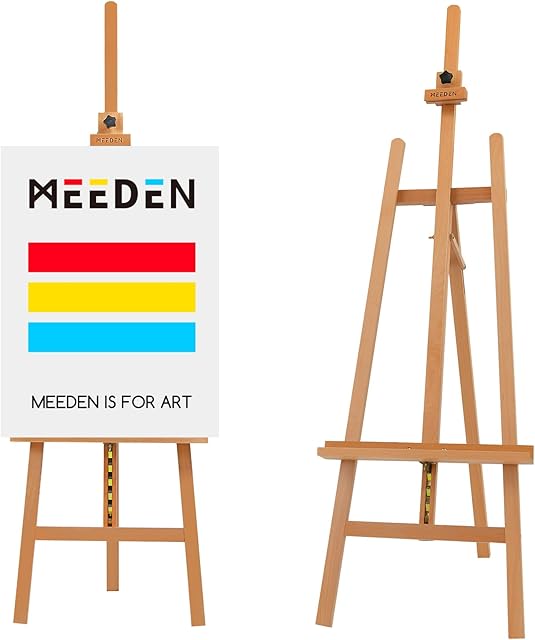 MEEDEN Large A Frame Display Easel for Wedding Sign,Solid Beechwood Artist Painting Easel,Adjustable Height from 69"-88.2",Hold Canvas up to 50",Max Weight in 25lbs,Floor Easel,Natural Color