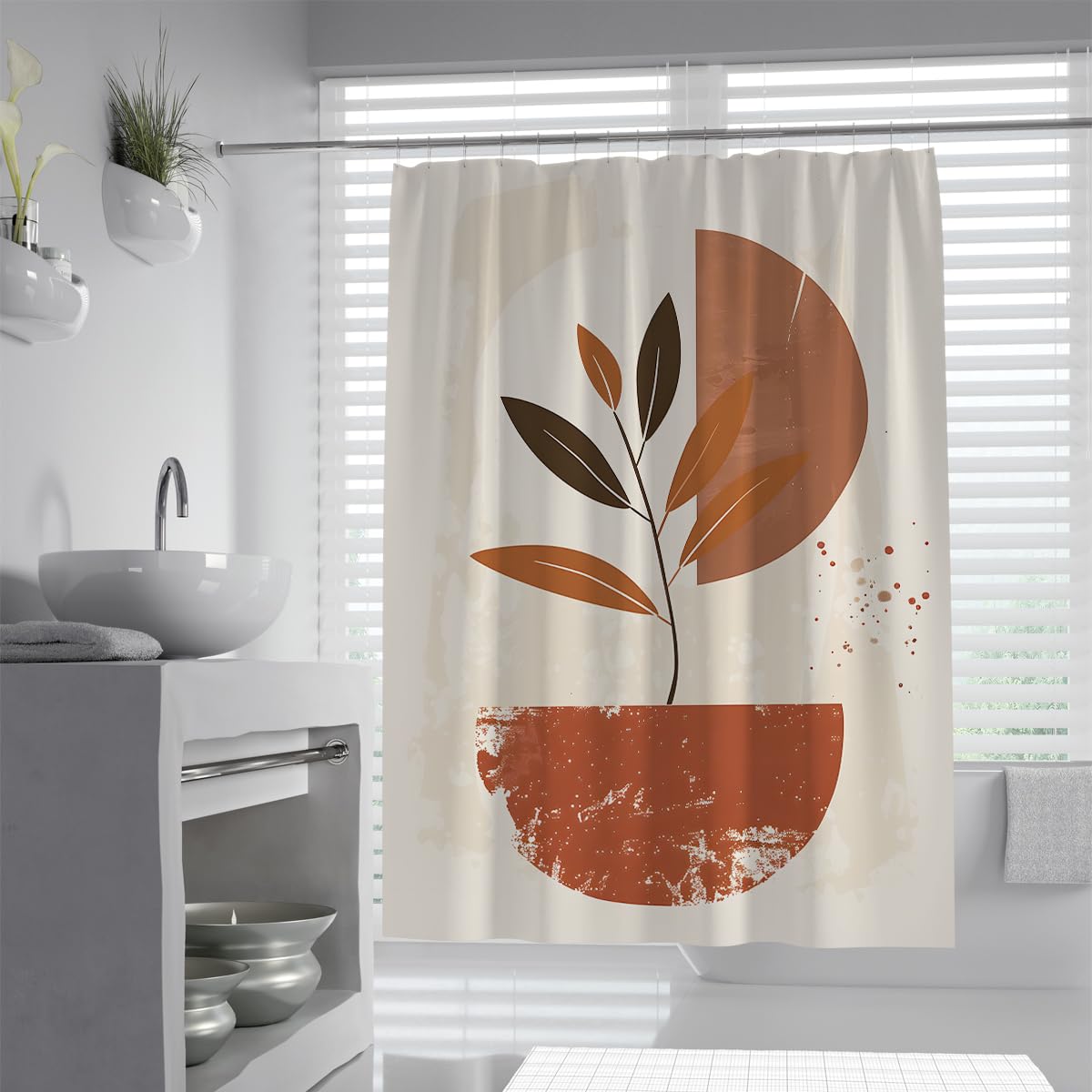 UIRINGART Scandinavian Bath Curtain W150xL200cm Abstract Geometric Potted Plant and Botanical Leaf Shape Mildew Mould Resistant Polyester Fabric Shower Curtains