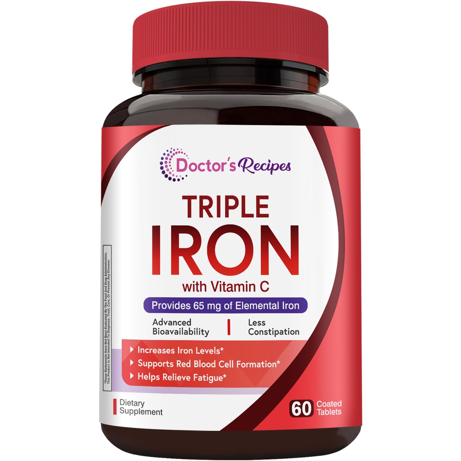 Doctors Recipes Iron Supplement for Women Men 65mg from Ferrous Bisglycinate Sulfate Carbonyl Iron Non-Constipating Vitamin C for