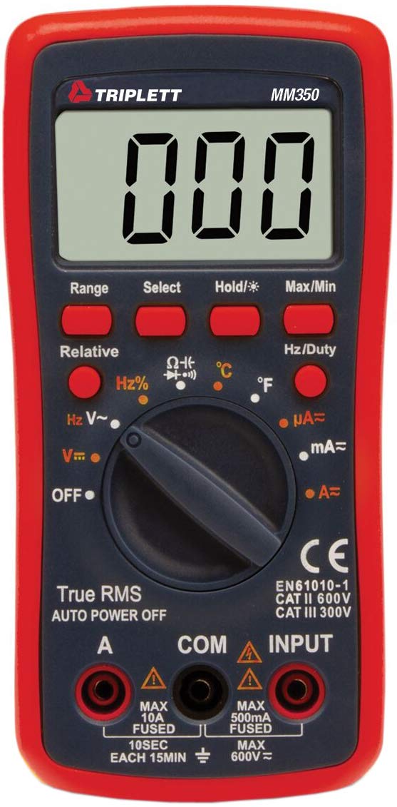 Triplett MM350 True RMS - Multímetro digital de rango manual de 4000 hilos, voltaje AC/CC, corriente AC/CC, resistencia, temperatura, diodo, continuidad