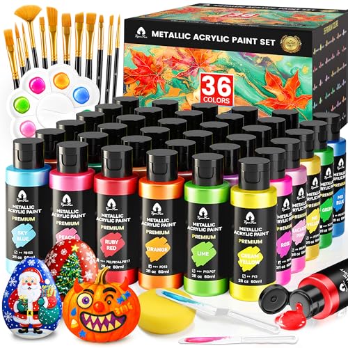 52 Pcs Metallic Acrylic Paint Set with 12 Brushes, 2 Knives & Palette, 36 Colors (2oz/60ml) - for Adults, Kids, Artists & Beginners - Canvas Ceramic Rock Wood Pumpkin Painting Kit