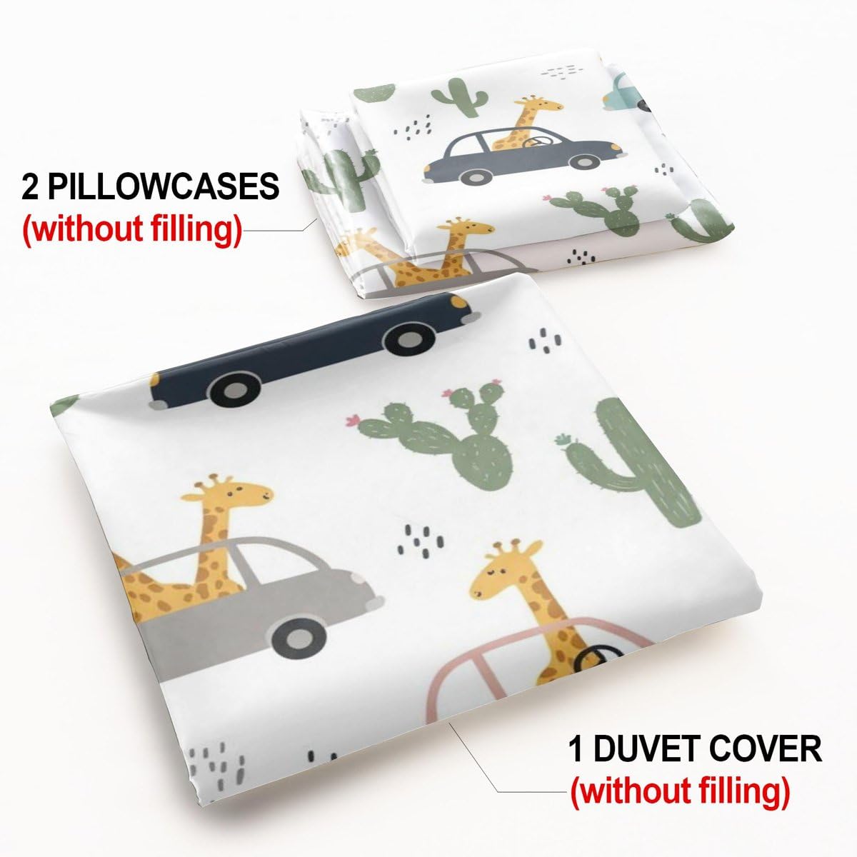 Juego de funda de edredón con estampado de jirafa y cactus de dibujos animados, ropa de cama de microfibra suave para decoración de dormitorio infantil (estilo 1, tamaño King 240 x 220 cm + 50 x 75 cm
