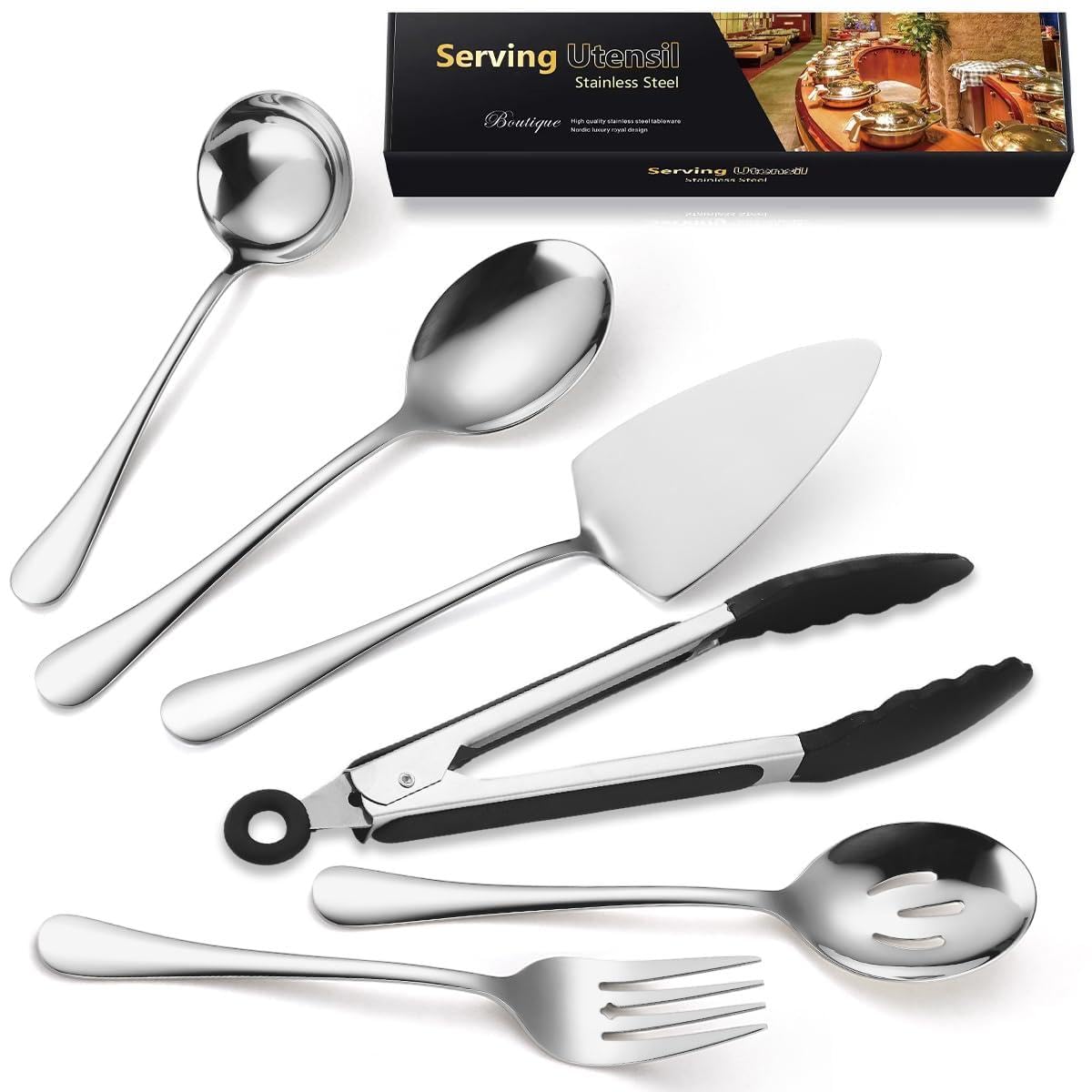 MURRI&MURRDI Cutlery Serving Set of 8 Pieces, Stainless Steel Serving Utensils Include Spoon, Slotted Spoon, Fork, Cake Server, Soup Ladle and Tongs, Buffet Flatware Serving Set Silver