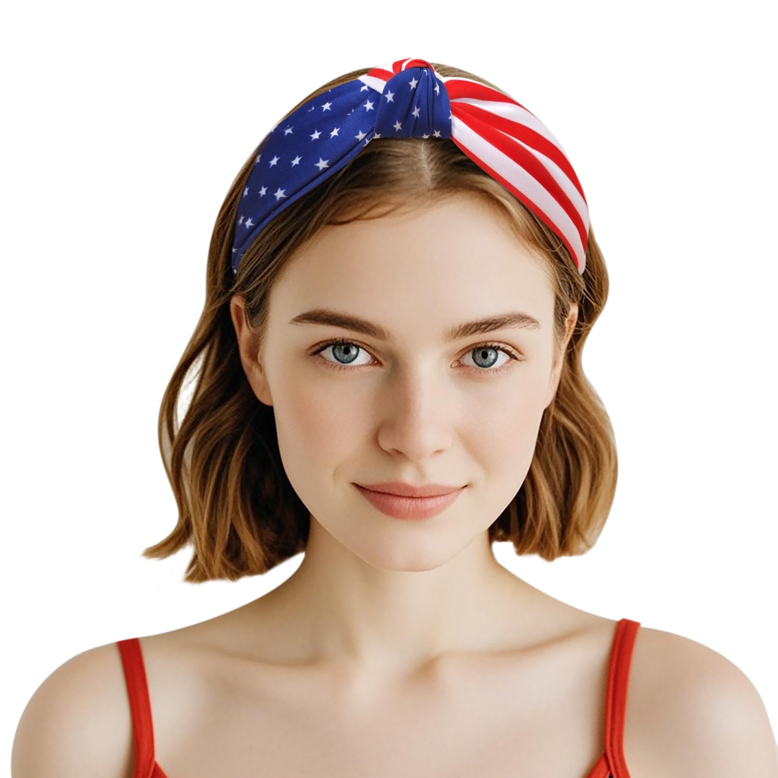 HFZRZFH Handmade American Flag Headband for Women and Girls, Patriotic USA Red White Blue Stars, Knotted Elastic Design, Ideal for 4th of July
