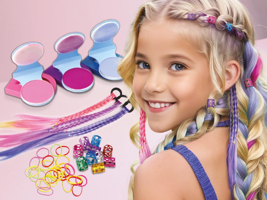 TyToo Magic Hair Studio – zestaw kredy do włosów dla dziewczynek z kolorowymi pasmami włosów, błyszczącymi perłami, gumkami do włosów, spinkami do włosów, kompletny zestaw do stylizacji włosów dla