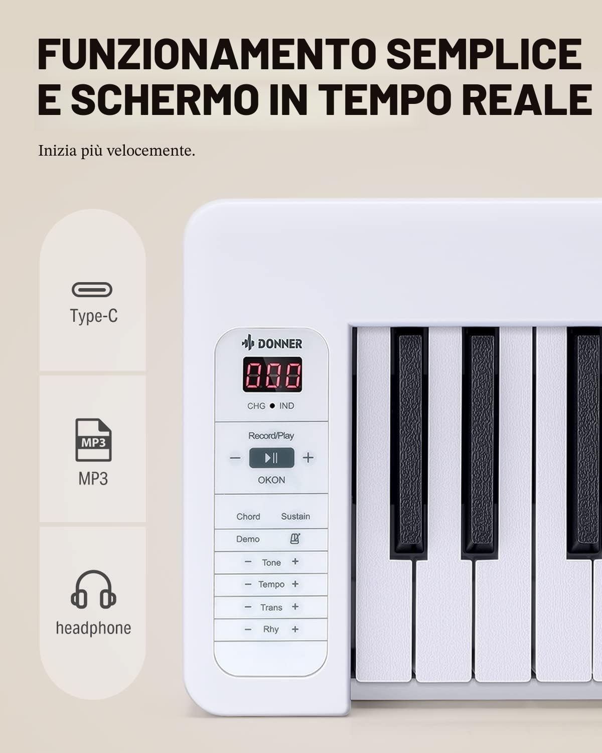 Donner DP-06 Pianoforte Pieghevole, Pianoforte Digitale per Principianti con Tastiera Semi-Pesata Full Size a 61 Tasti, Pianoforte Elettrico Portatile Bluetooth con Borsa per Pianoforte