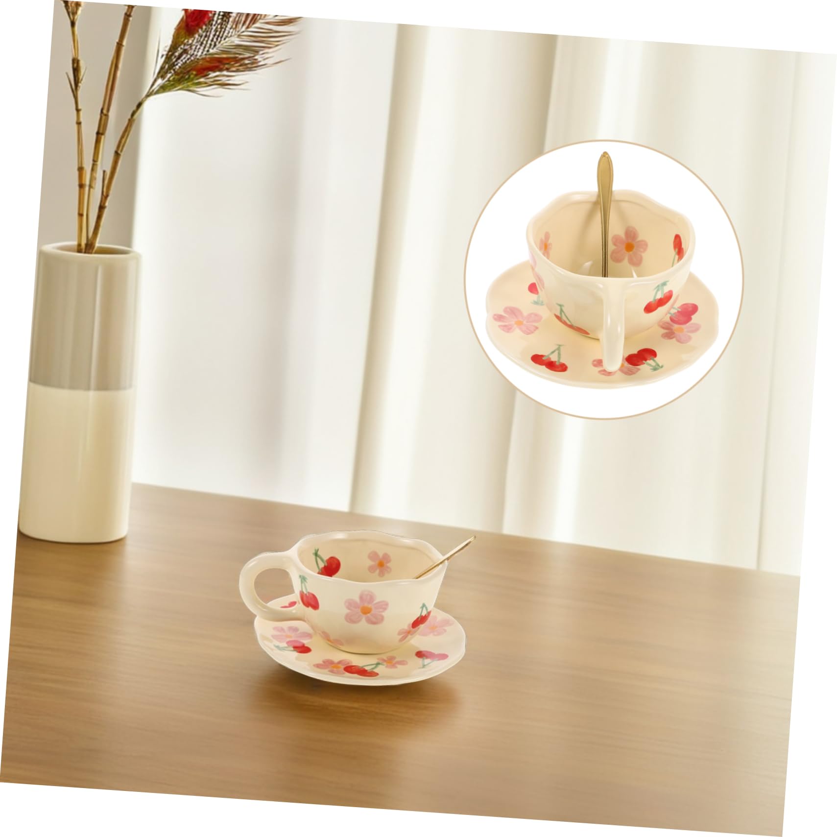 Tasse à Café en Céramique Créative avec Soucoupe et Cuillère, 1 Set Rose
