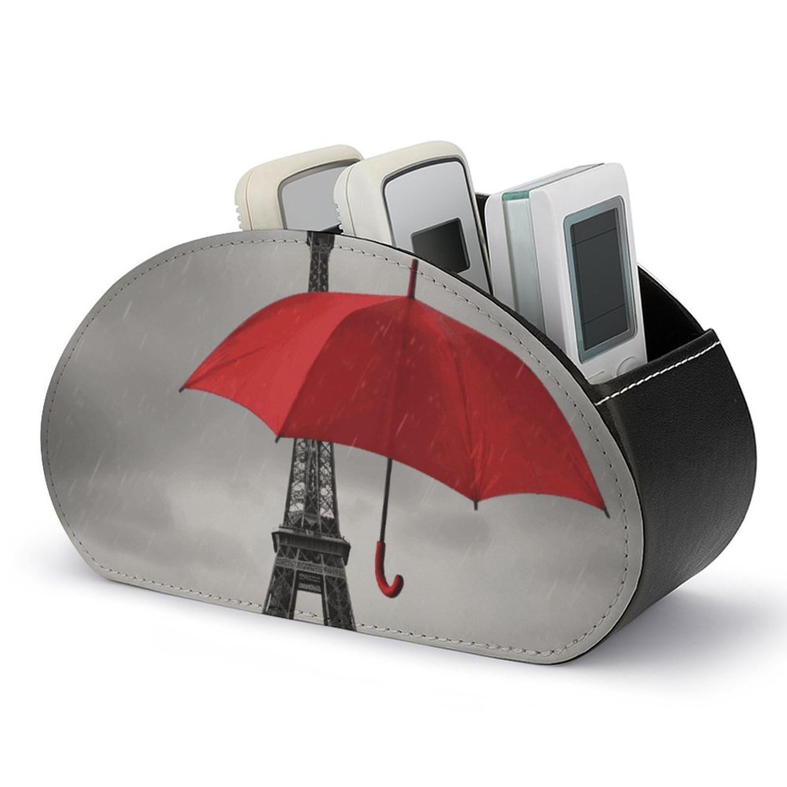 VstaDank Eiffel Tower with Red Umbrella Remote Control Holder with 5 Compartments PU Leather Remote Caddy Desktop Organizer Store TV Remote Control Storage Box for Home Office Desk Nightstand