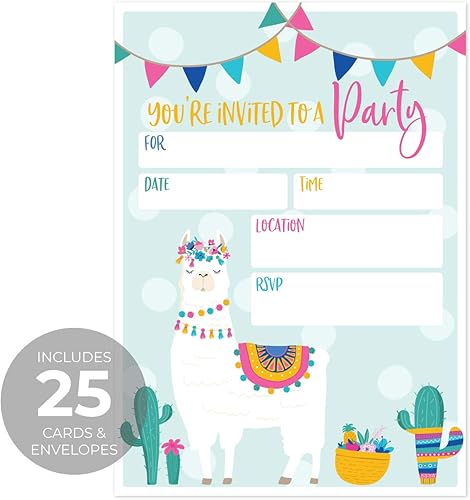 Miniatura 3 de Canopy Street Invitación de fiesta de relleno de llama, 25 invitaciones y sobres de cumpleaños de fiesta de llama, invitación de alpaca plana de 5 x