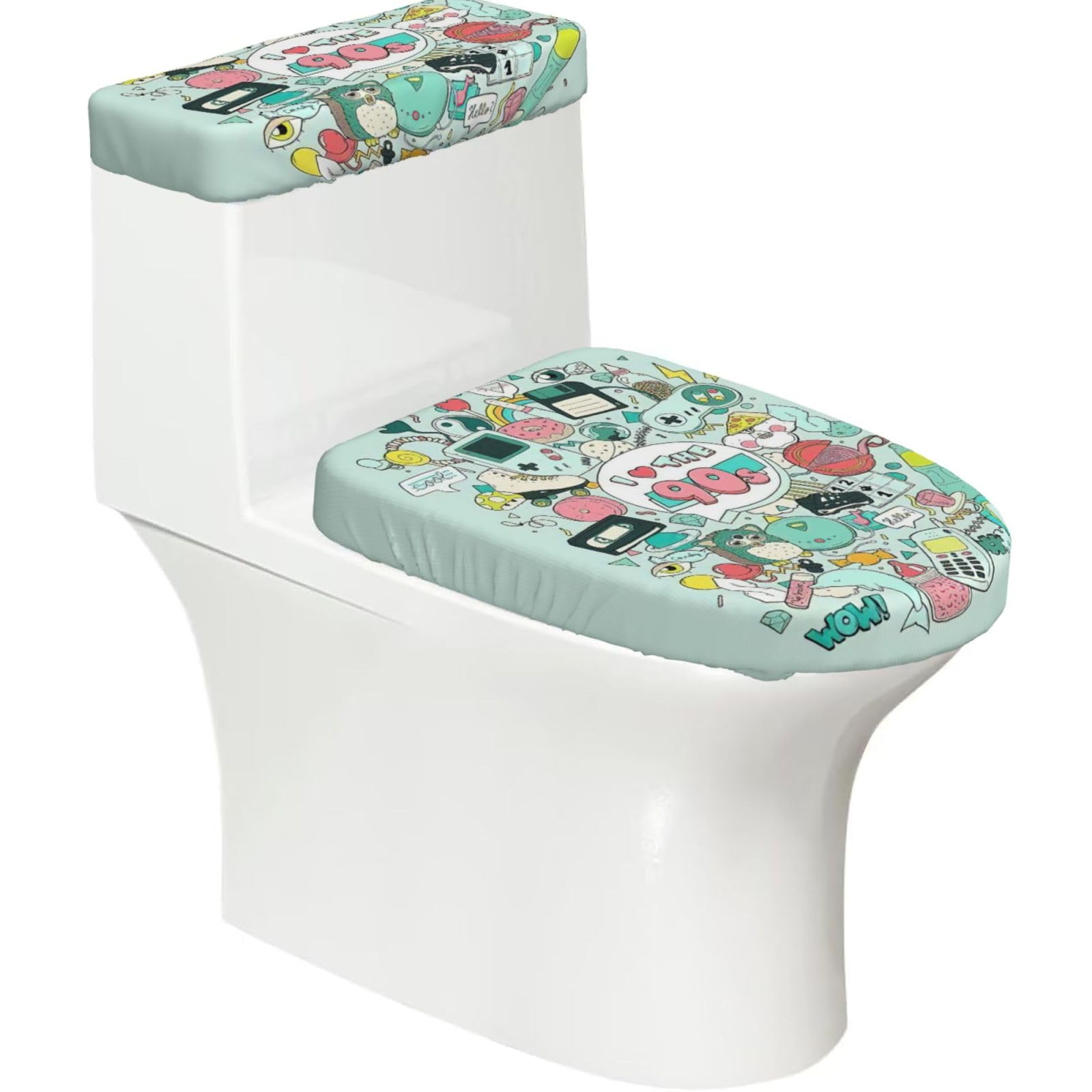I Love The 90s Illustration Print Bathroom Decor Toilet Lid Cover And Tank Covers, Restroom Accessories Fits Most Round