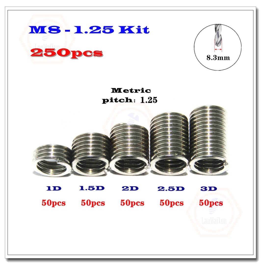 250pcs M8-1.25Kit Inserto de rosca de alambre Surtido Métrico, inserto de reparación de rosca tipo helicoil de acero inoxidable
