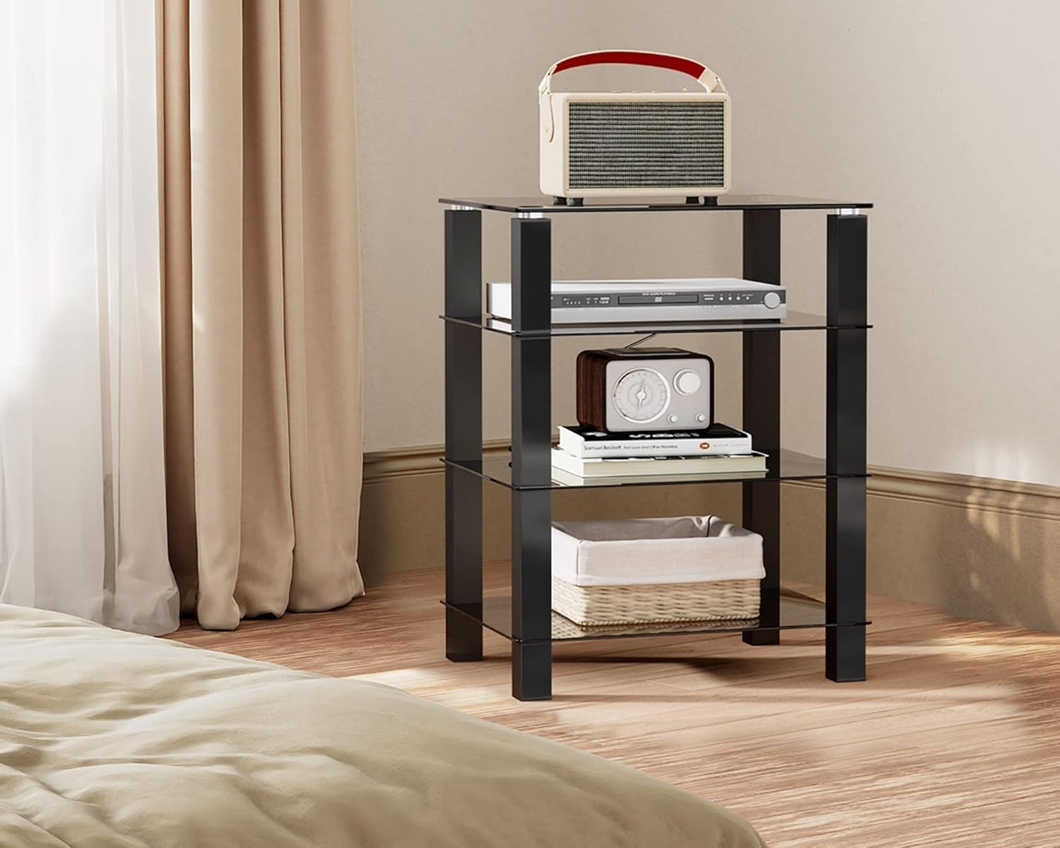 FITUEYES HiFi Rack AV półka 4-poziomowy szklany stojak na telewizor z półkami do przechowywania mediów ze szkła hartowanego, czarny