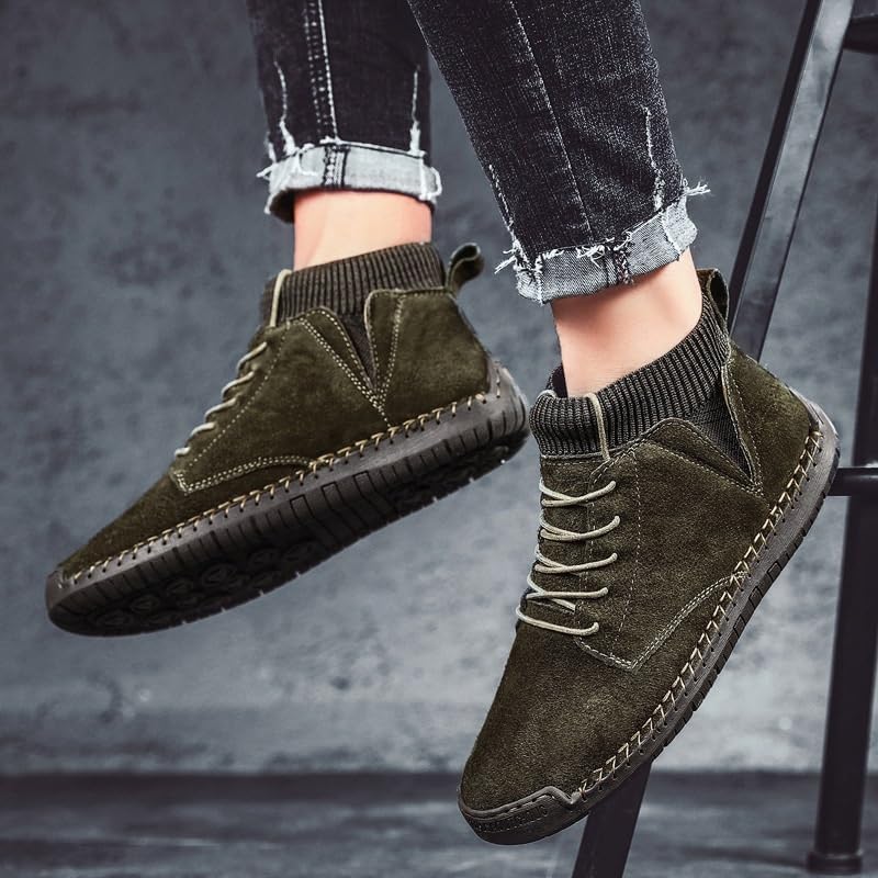 Shoes Men's Fashionable Lace-up Stitching Leather Boots High-top Round-Toe Flat-Soled Oxford Shoes for Travel Driving Men Casual Soft-Soled Shoes(Gray,7.5)3