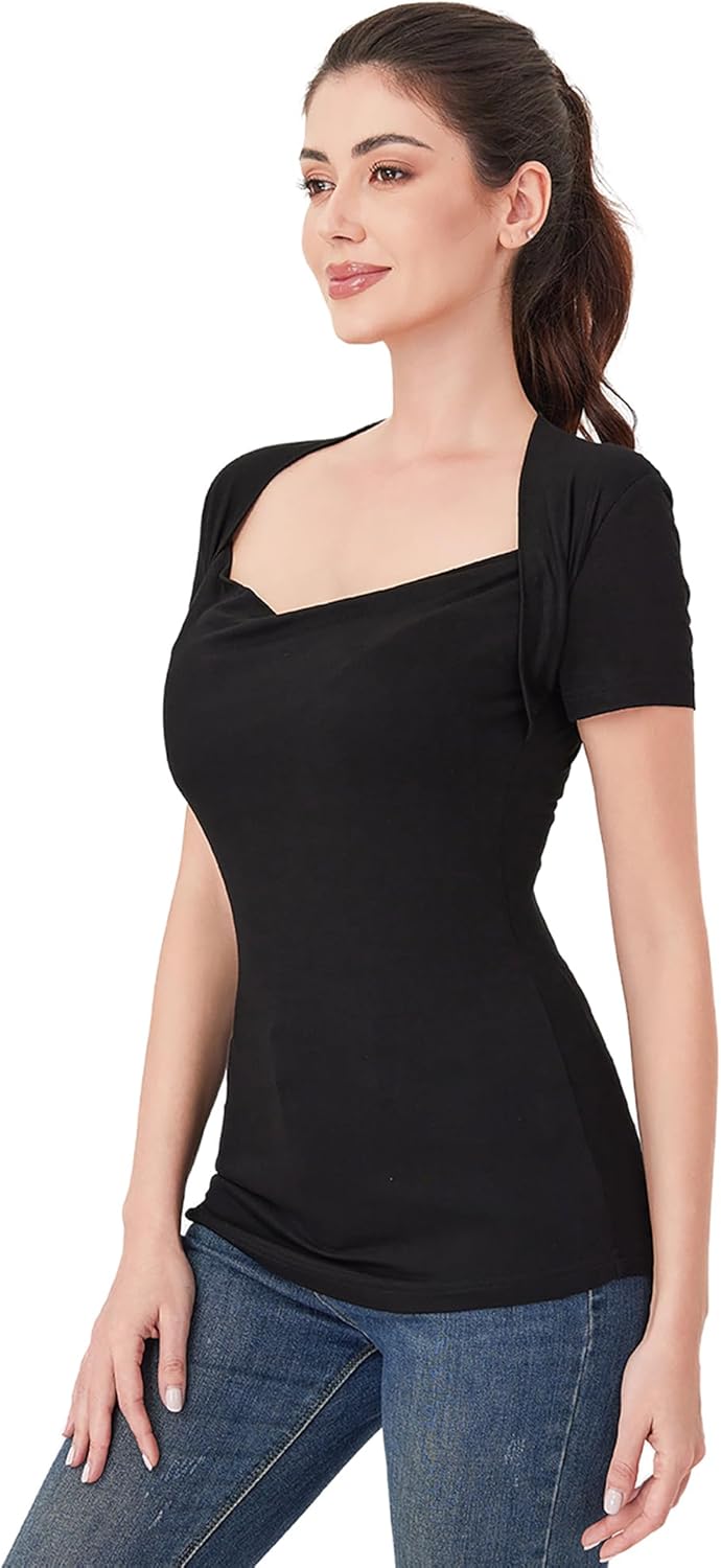 AmélieBoutik Women Bolero Style Ruched Sweetheart Neck Short Sleeve T Shirts Slim Fit Basic Tee Trendy Blouse - Image 4