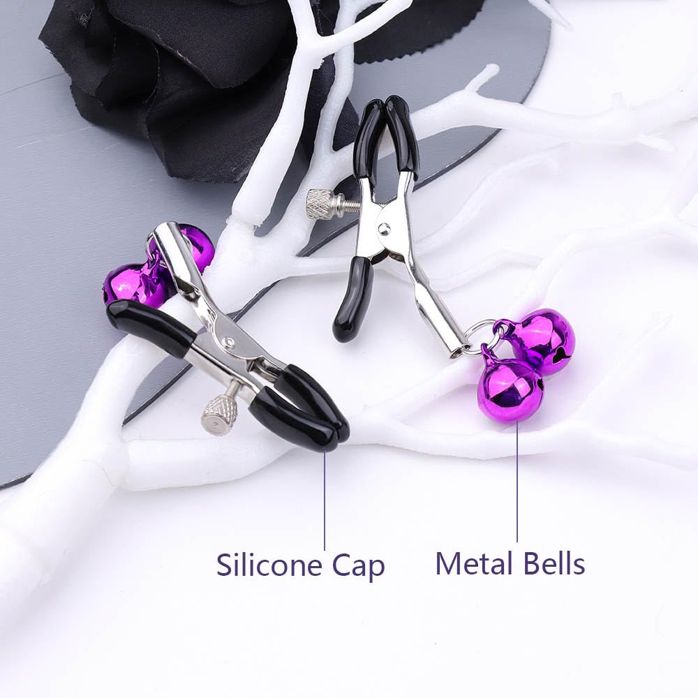 2Pcs Nipple Clamps BDSM Nipple Toys, Adjustable Metal Nipple Clips, Non-Piercing Nipple Rings Stainless Steel Clamp with Purple Bells, Breast Flirting Stimulation Adult Sex Toy for Women Couples