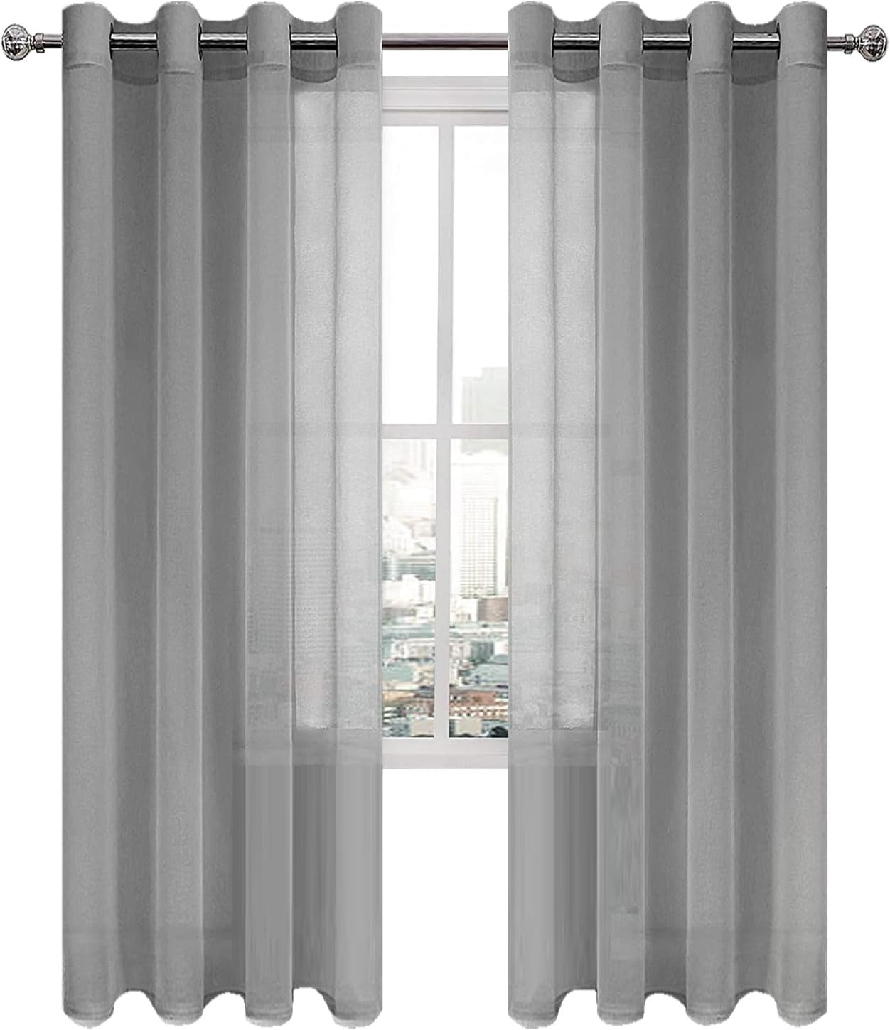 DWCN Sheer Curtains for Living Room Grey Faux Linen Look Voile Drapes Grommet Window Curtain 52 x 84 Inch Long, Set of 2 Panels