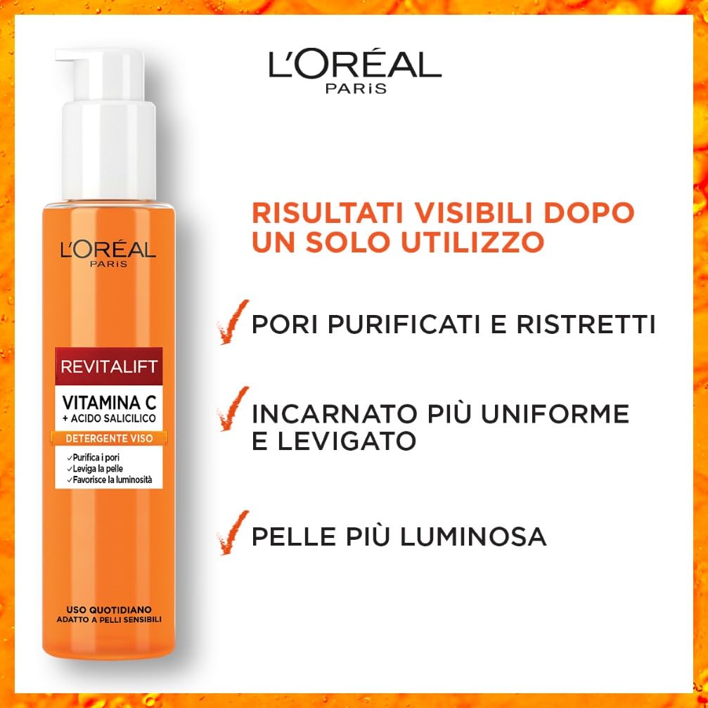 L'Oréal Paris Detergente Viso Purificante, Adatto a Pelli Sensibili, Azione Levigante e Uniformante, Pelle Morbida e Elastica, Con Vitamina C + Acido Salicilico, Revitalift, 150 ml