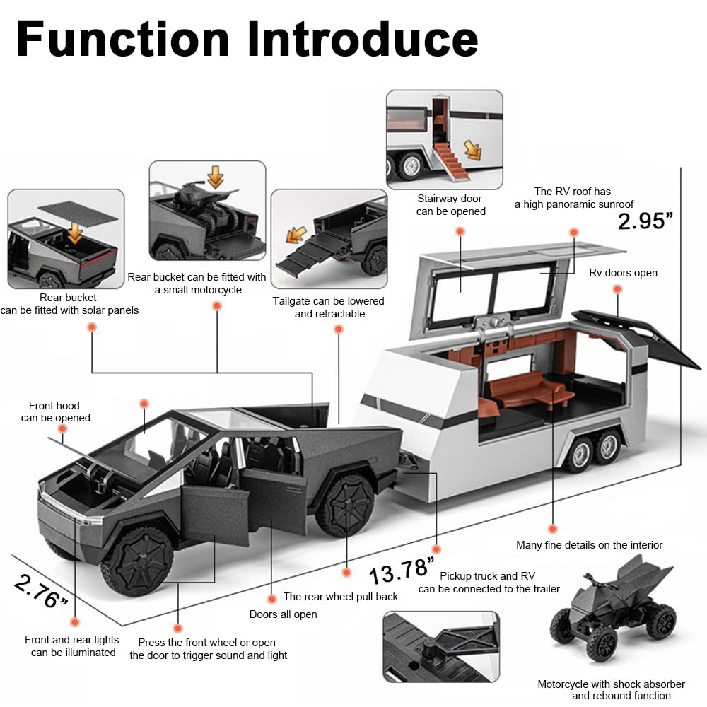 1/32 Pickup Trailer RV Model Kit, Truck and Trailer Toy with Sound Light Pull Back, Off-Road Pickup Truck Model toy with Motorcycle, Alloy Diecast Vehicles Cars Toys Gifts for Boy Girl Adult 1