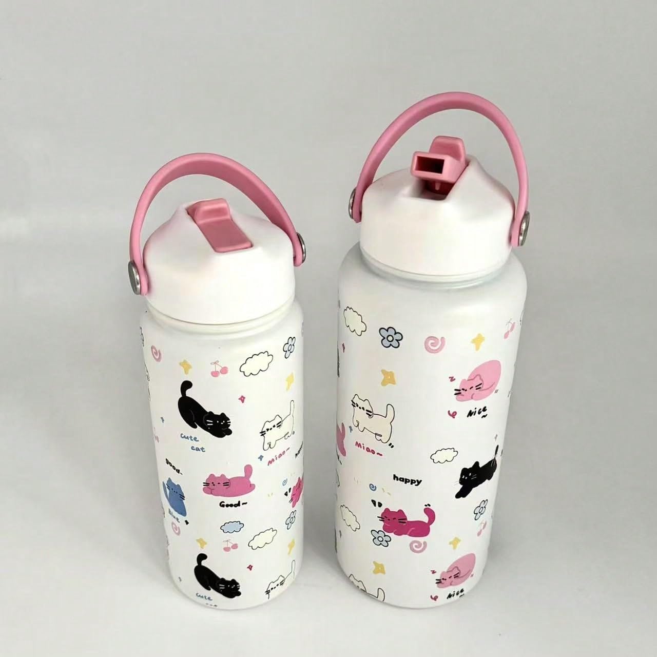 Amazon | 1個 かわいい猫デザイン 断熱水筒、広口 持ち運び可能な