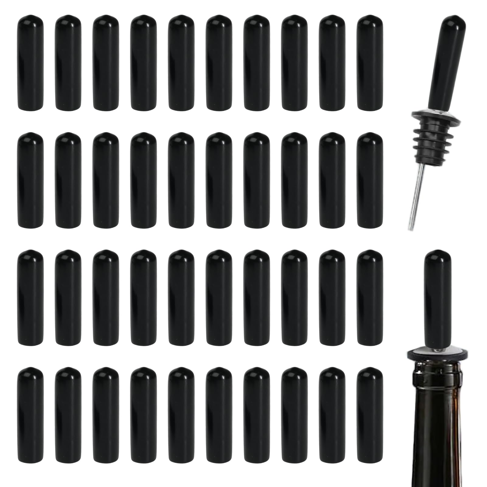 40 Pcs Liquor Pourers Dust Covers, Food-Grade Rubber Bottle Pourer Caps, Reusable Bar Spout Dust Caps for Spirits, Oils, Syrups, Vinegar, Coffee & Cocktails – Fits Most Standard Bottle Sizes (Black)
