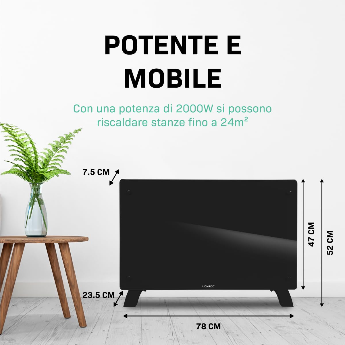 VONROC Riscaldatore elettrico di lusso | Termoconvettore smart a pannello in vetro - 2000W - | Controllo manuale e Wifi Nero