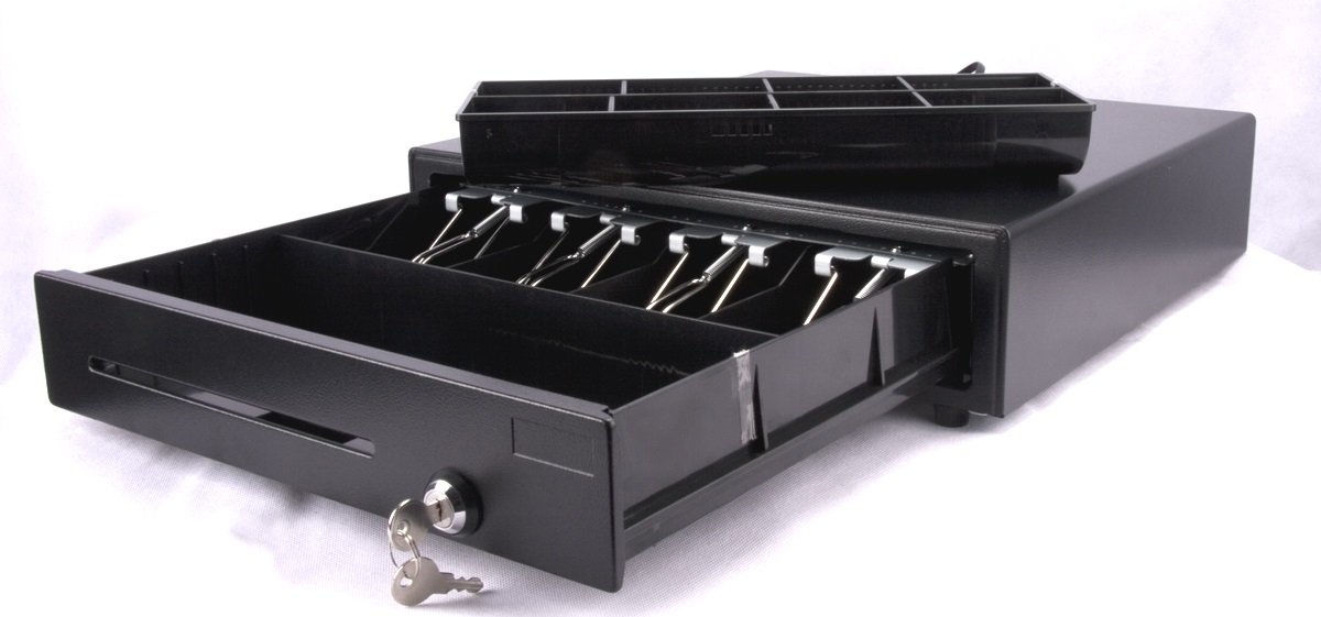 Geldlade iQCash410 mm – RJ11/RJ12 Kassenschublade aus Metall mit 4 Scheinfächern, 8 Münzfächern, 2 Schlüsseln – Schwarz, Kassenlade, Geldschublade
