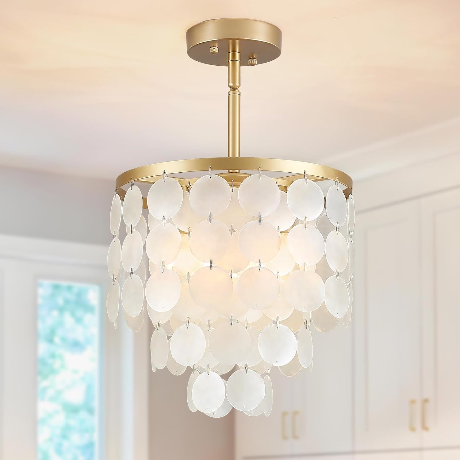JHLBYL Capiz Shell Ceiling Light Fixtures, 3 Lights Small Chandelier Gold Semi Flush Mount Ceiling Light Modern Coastal Chandeliers for Bathroom Kitchen Foyer