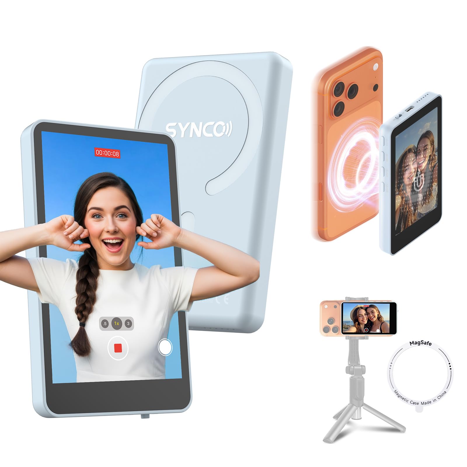 SYNCO XView Monitor Vlog per iPhone 17 - Schermo Selfie Magnetico Wireless 1080P/4K per Fotocamera Posteriore, Portata 50m, Batteria 3 Ore con Altoparlante Integrato per Live Youtube e TikTok (Blu)